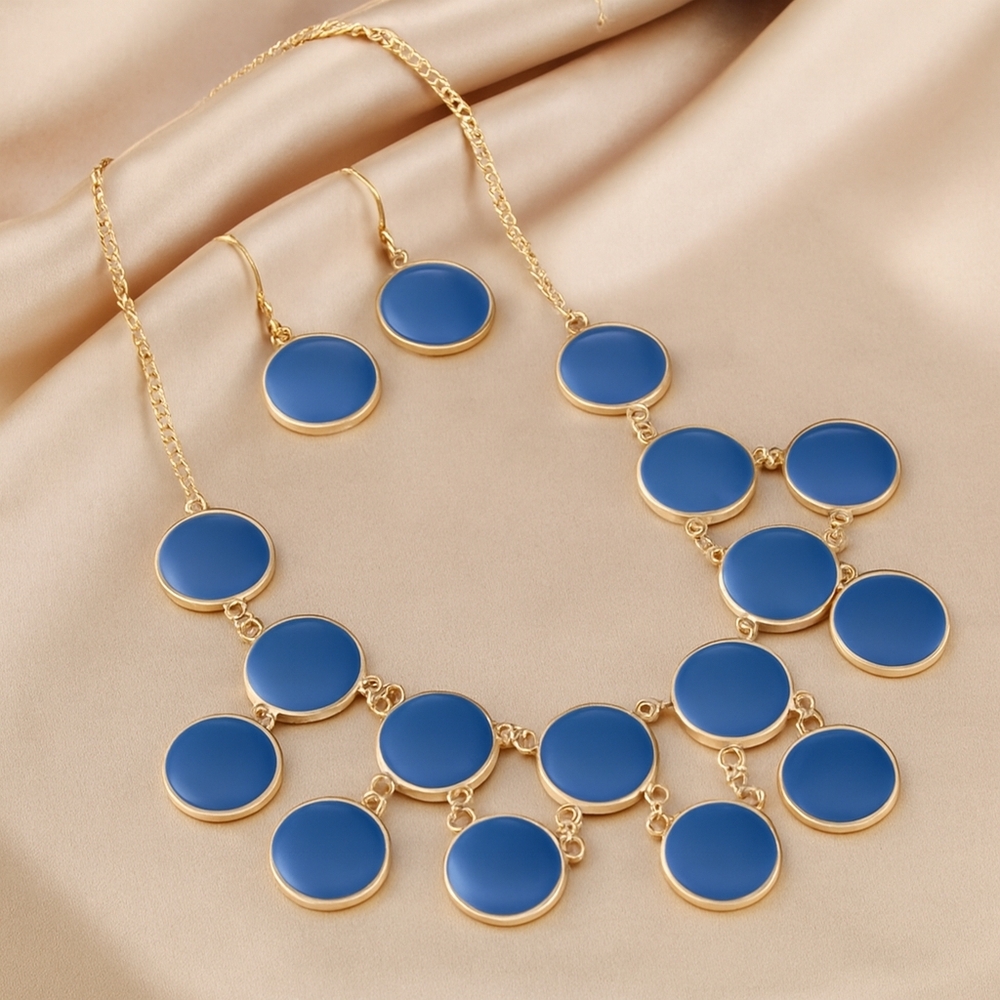 Blue Disc Statement Necklace Set – Gold Chain w/ Matching Drop Earrings Jewelry